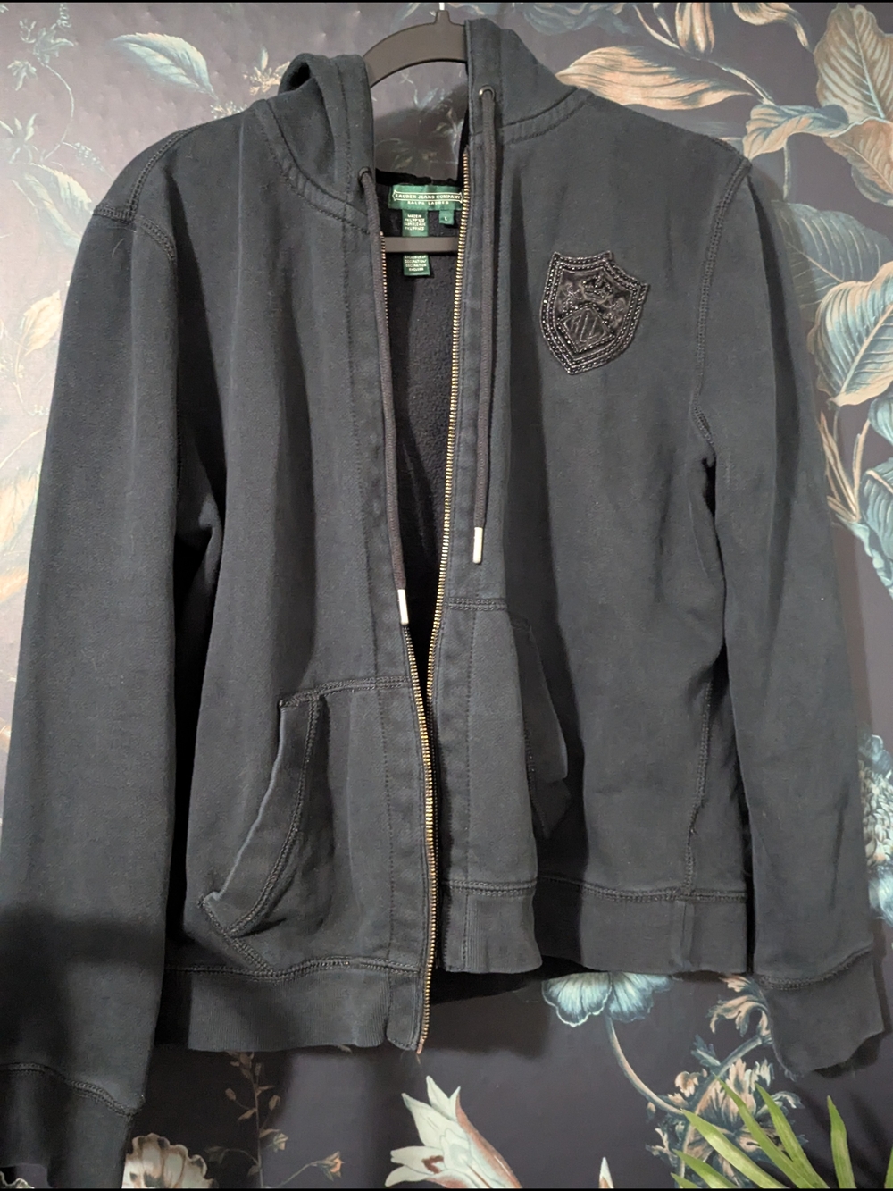Vintage Y2K Ralph Lauren Velvet Lined Beaded Crest Full Zip Hoodie L